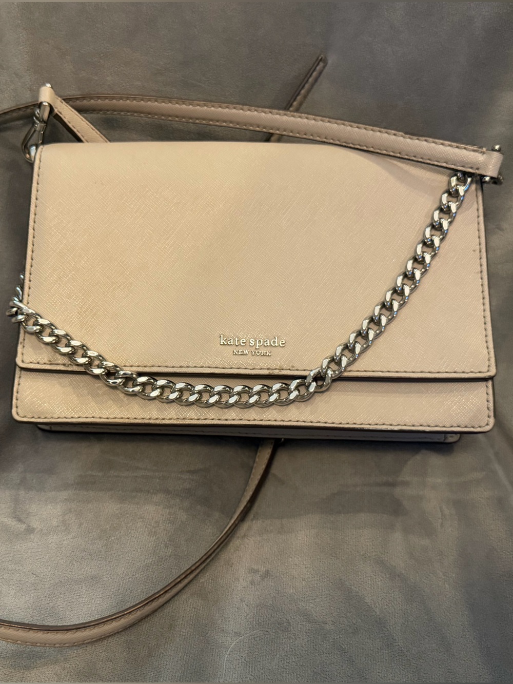 kate spade beige taupe crossbody with silver chain